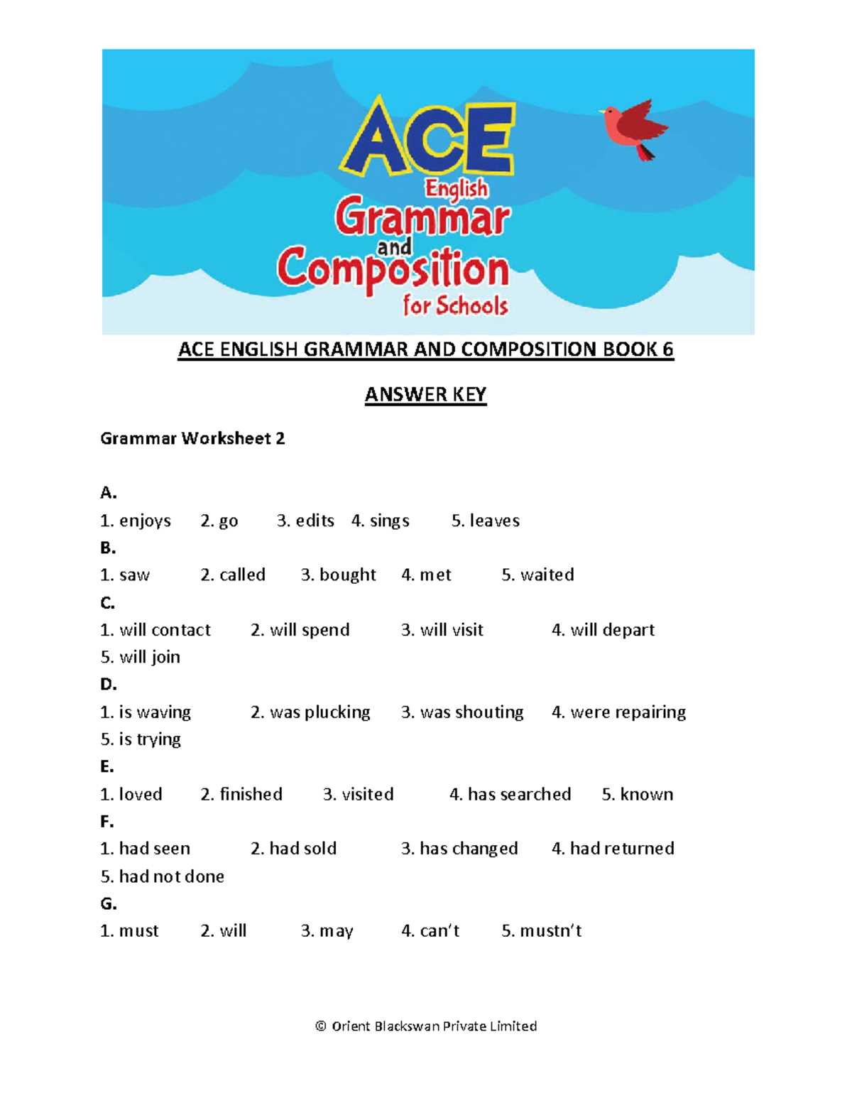 essentials of english grammar and composition 6 answer key