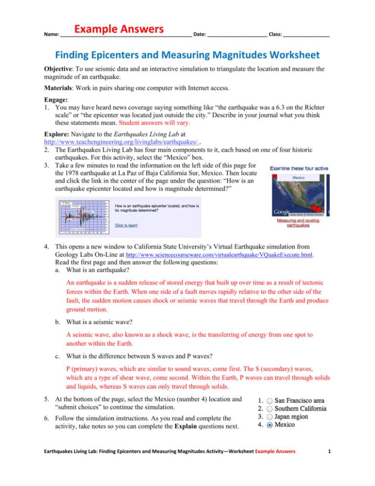 finding the epicenter worksheet answer key