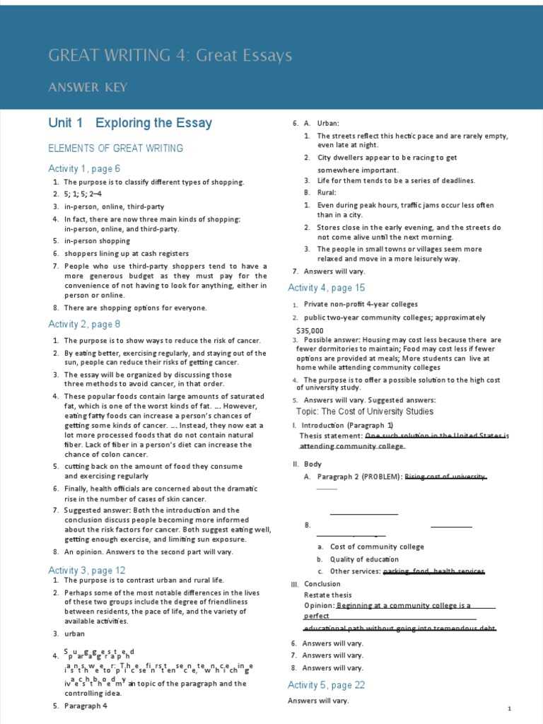 focus on reading and writing essays answer key