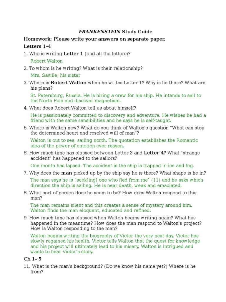 frankenstein literature guide answer key