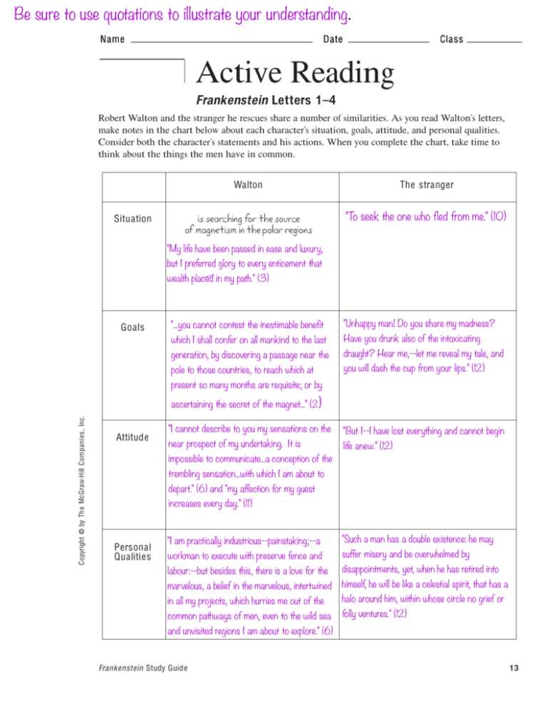 frankenstein literature guide answer key