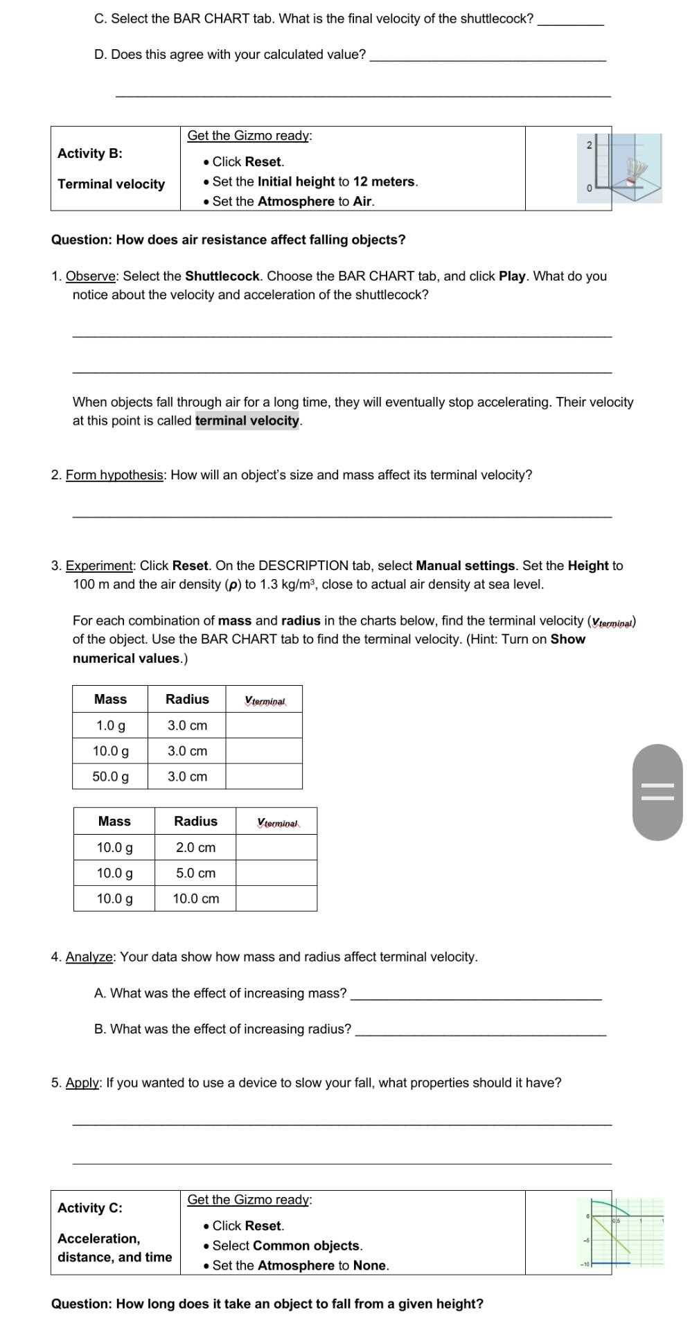 free fall laboratory answer key