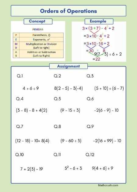 free order of operations worksheets with answer key