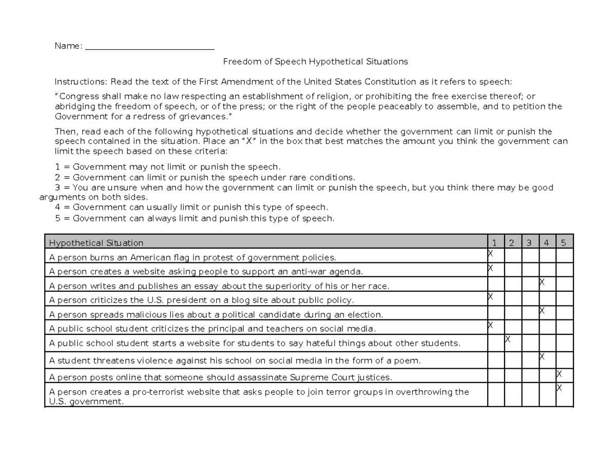freedom of speech hypothetical situations answer key