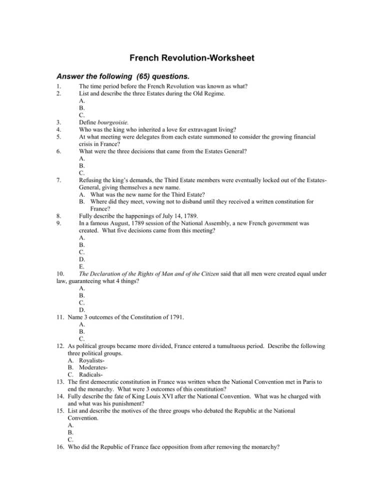 french revolution answer key