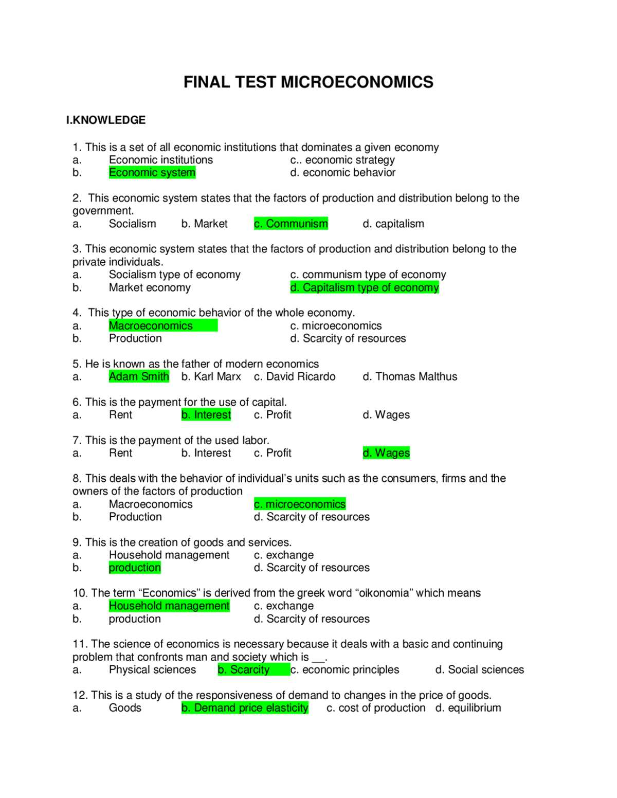 fundamentals of economics answer key
