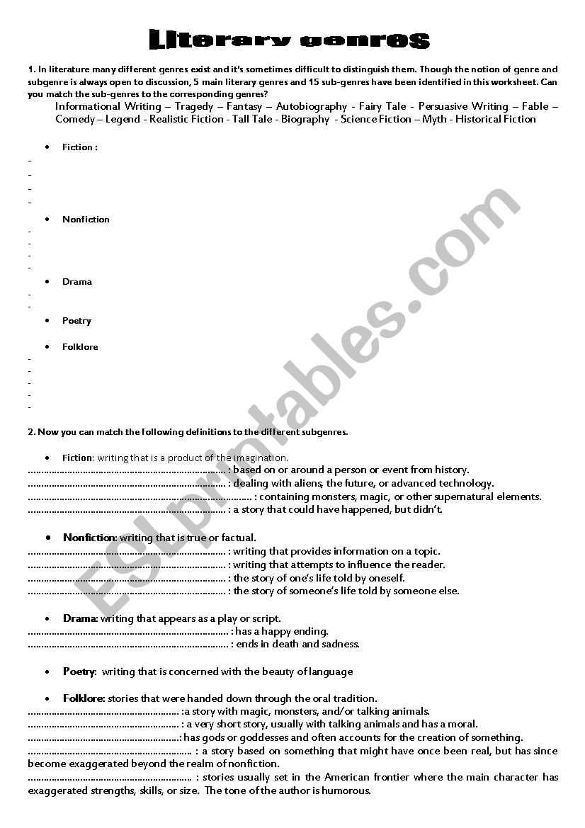 genre and subgenre worksheet 2 answers key