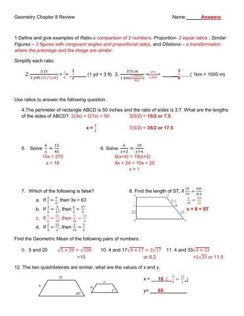 geometry chapter 5 test review answer key