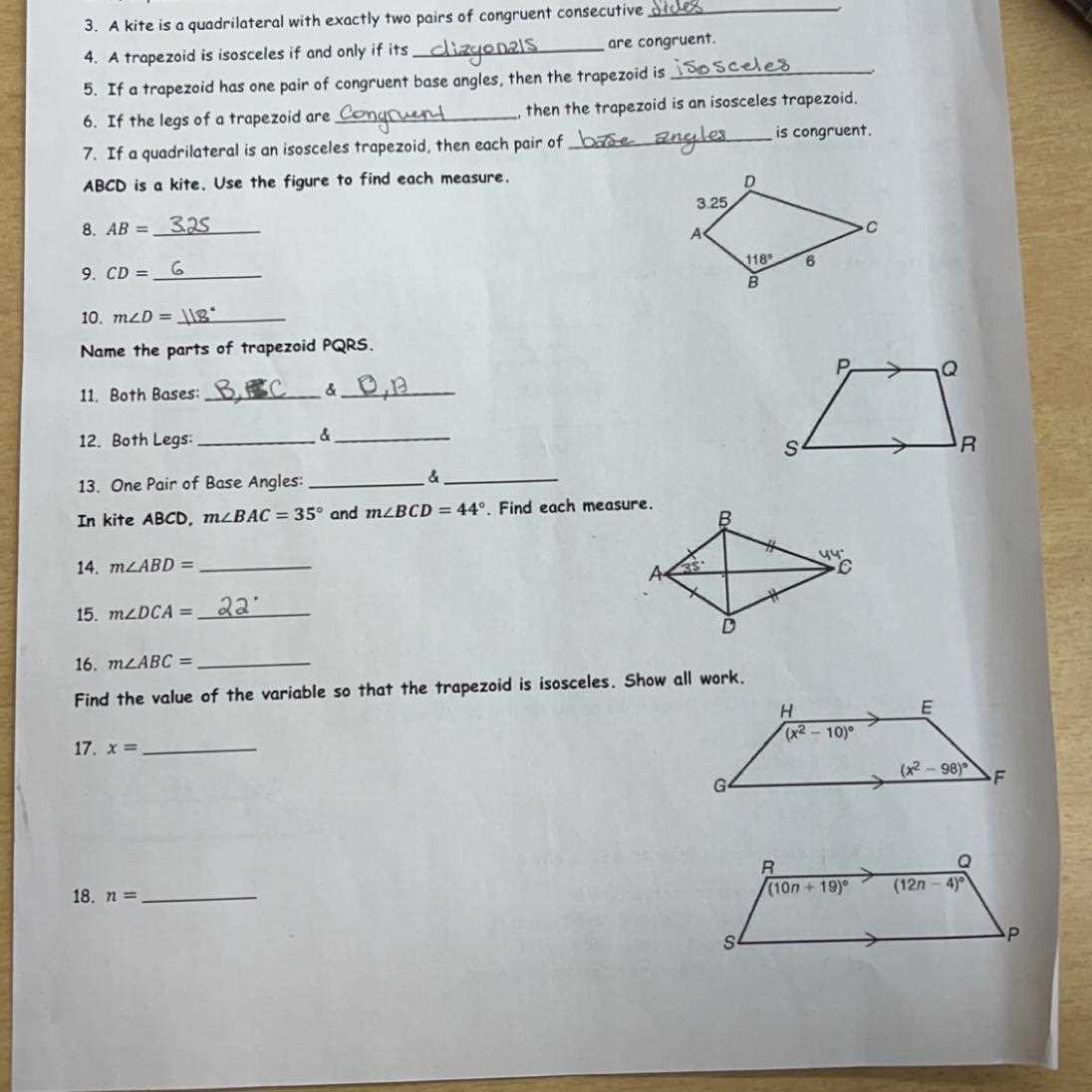 geometry worksheet kites and trapezoids answers key