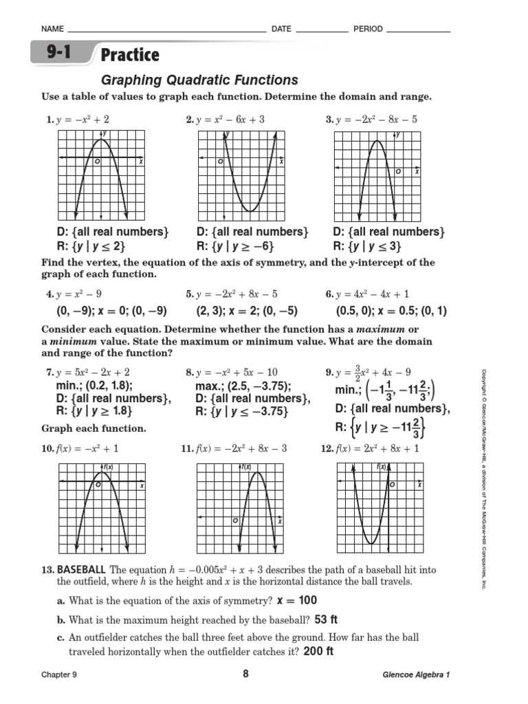 glencoe algebra 1 chapter 9 4 answer key