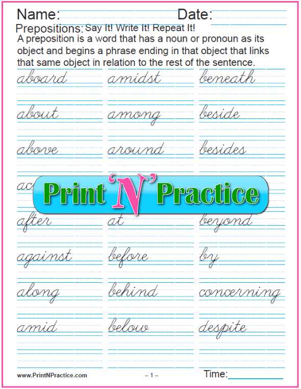 high school preposition worksheets with answer keys printable