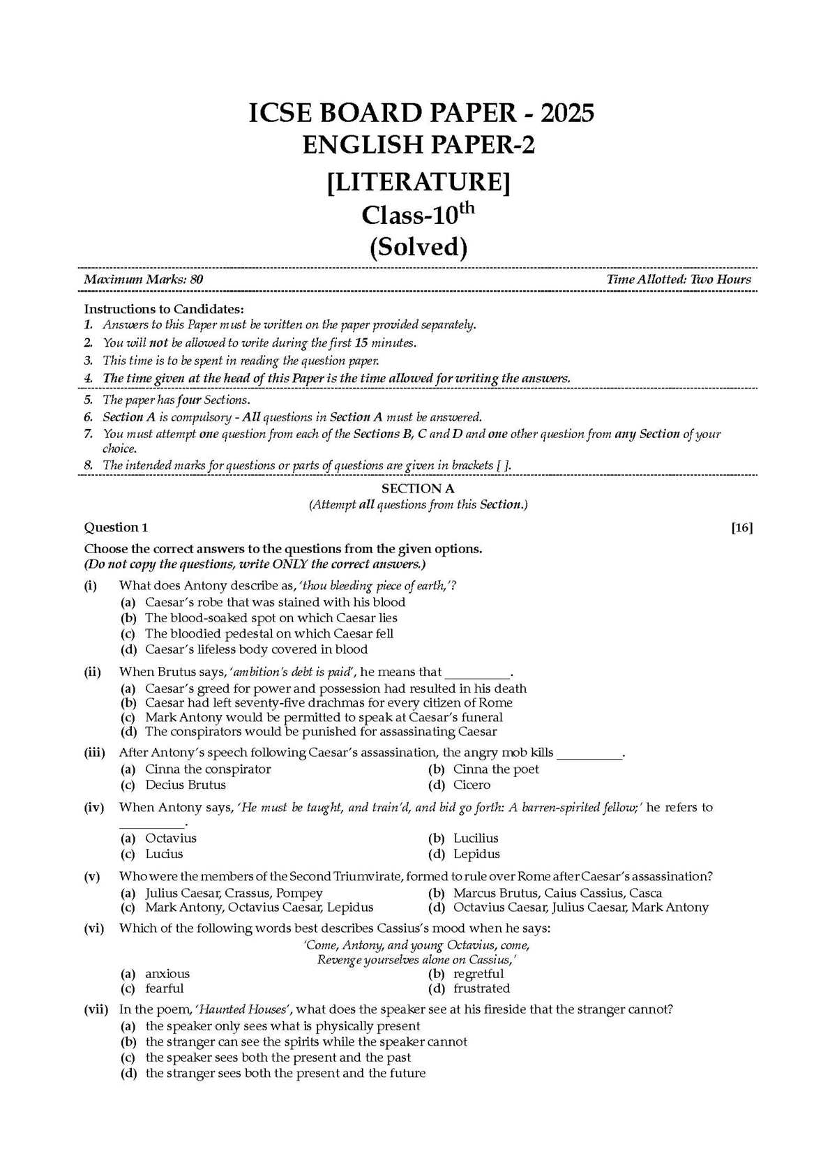 icse english 1 specimen paper 2026 answer key
