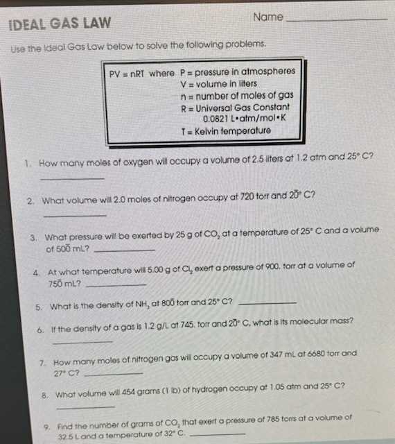 ideal gas law worksheet answer key