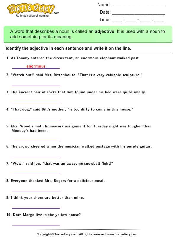 identifying adjectives answer key