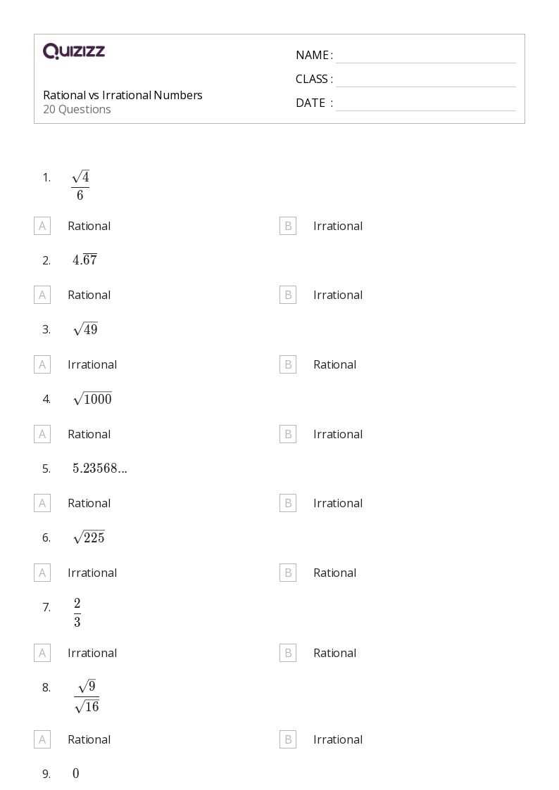 identifying rational and irrational numbers answer key