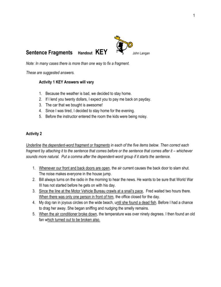 identifying sentence fragments exercise 1 page 276 answer key