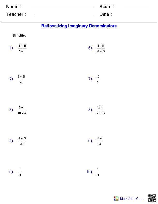 imaginary numbers worksheet a2 n 6 answer key