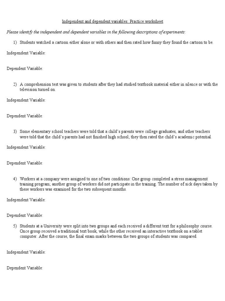 independent and dependent variables practice worksheet with answer key
