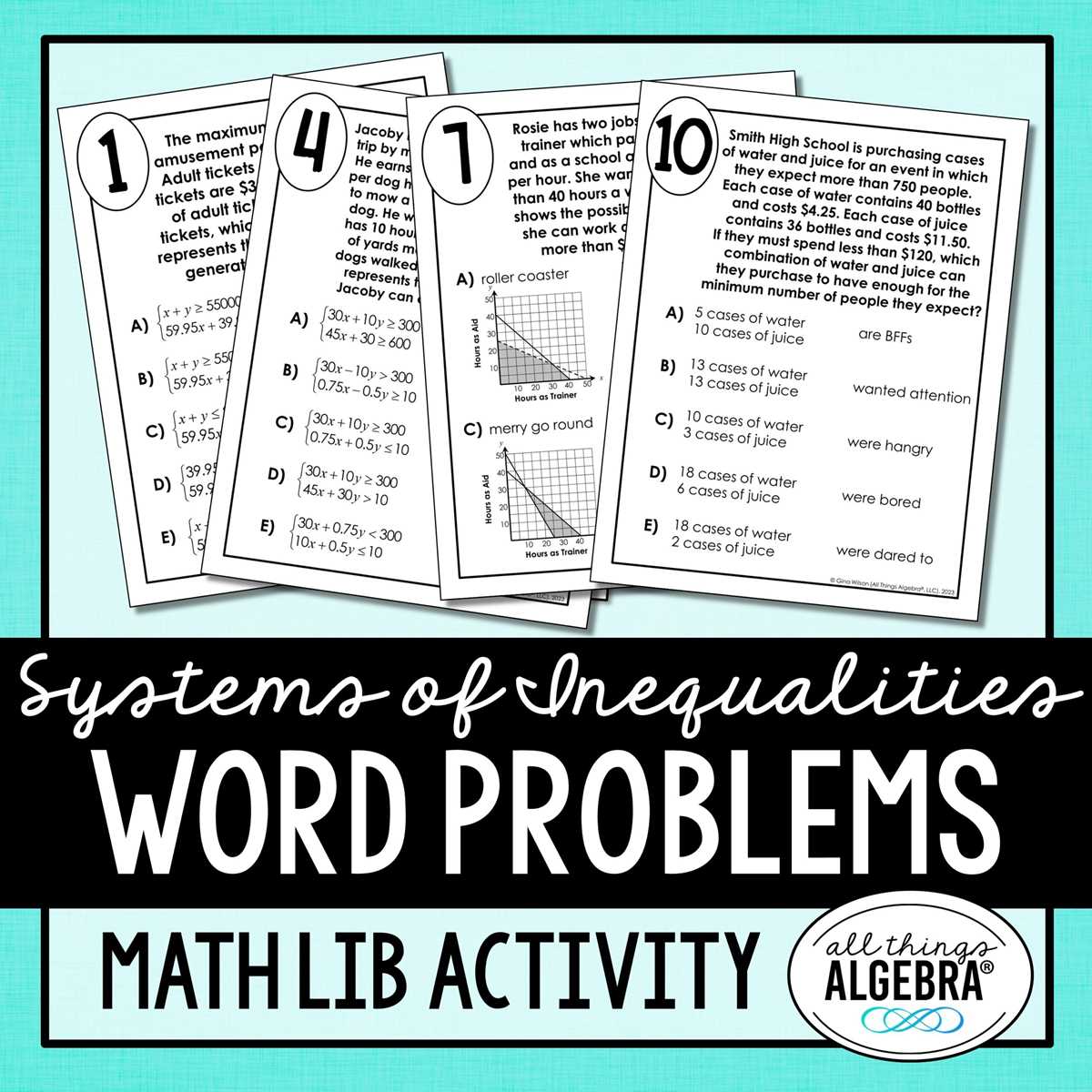 inequalaties word problems free worksheet with answer key