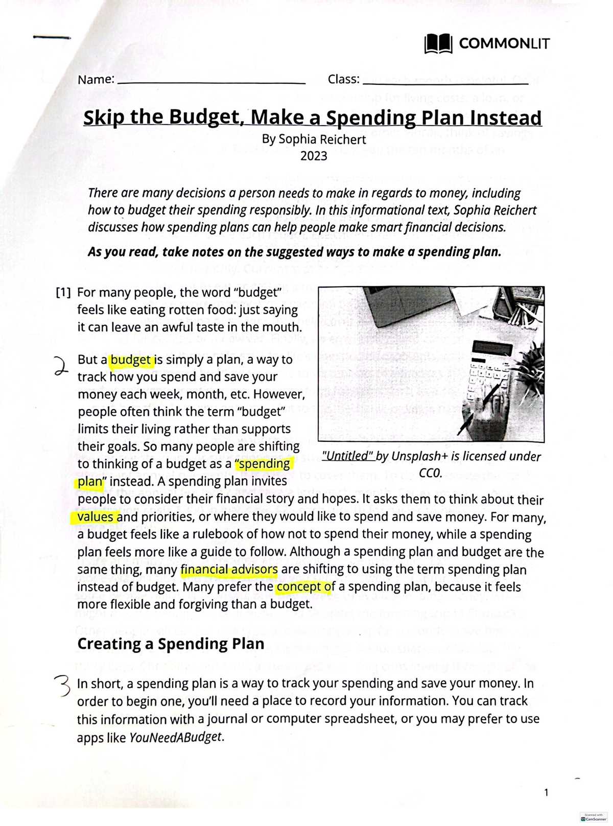 introduction to spending plans note taking guide answer key