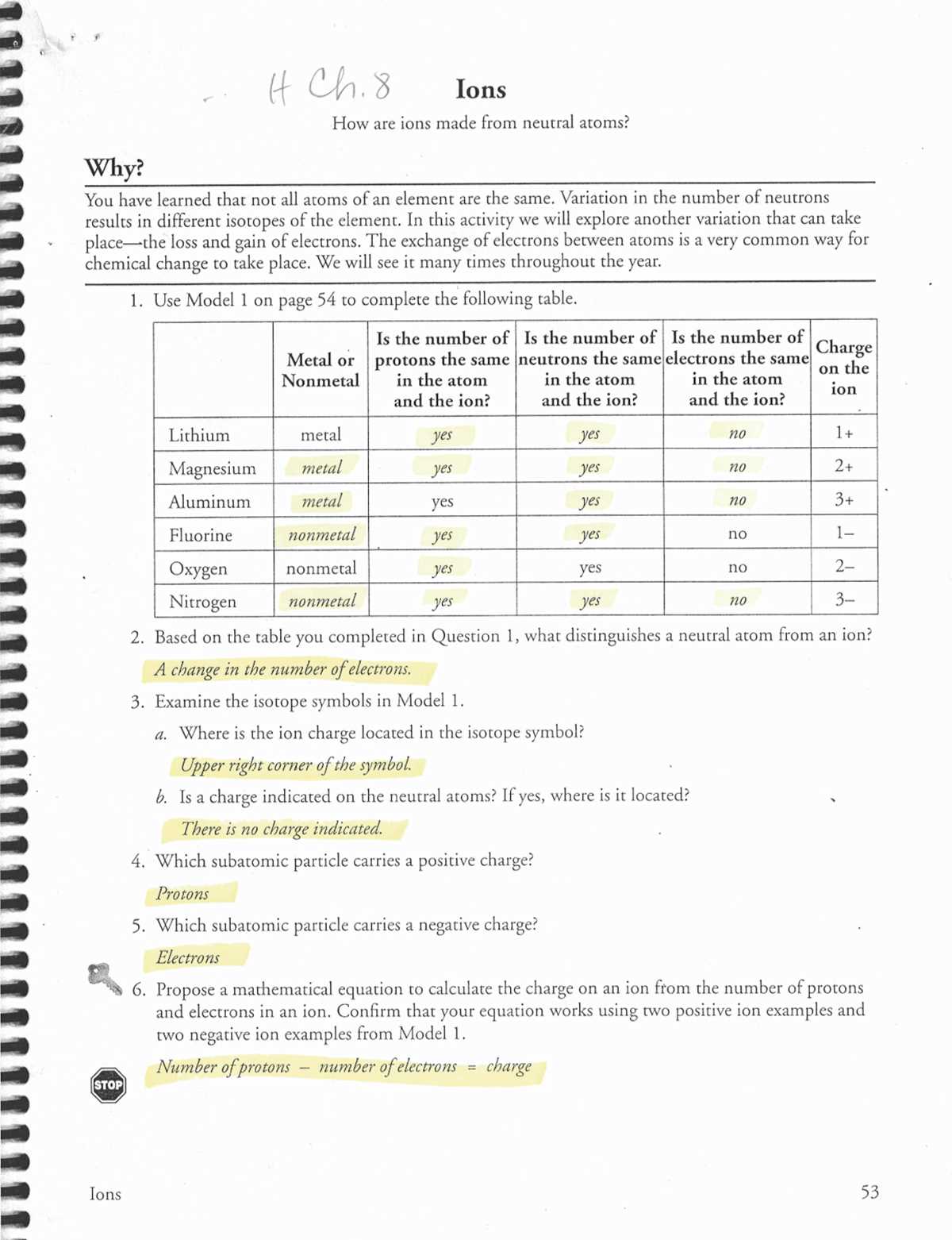 investigating ions answer key