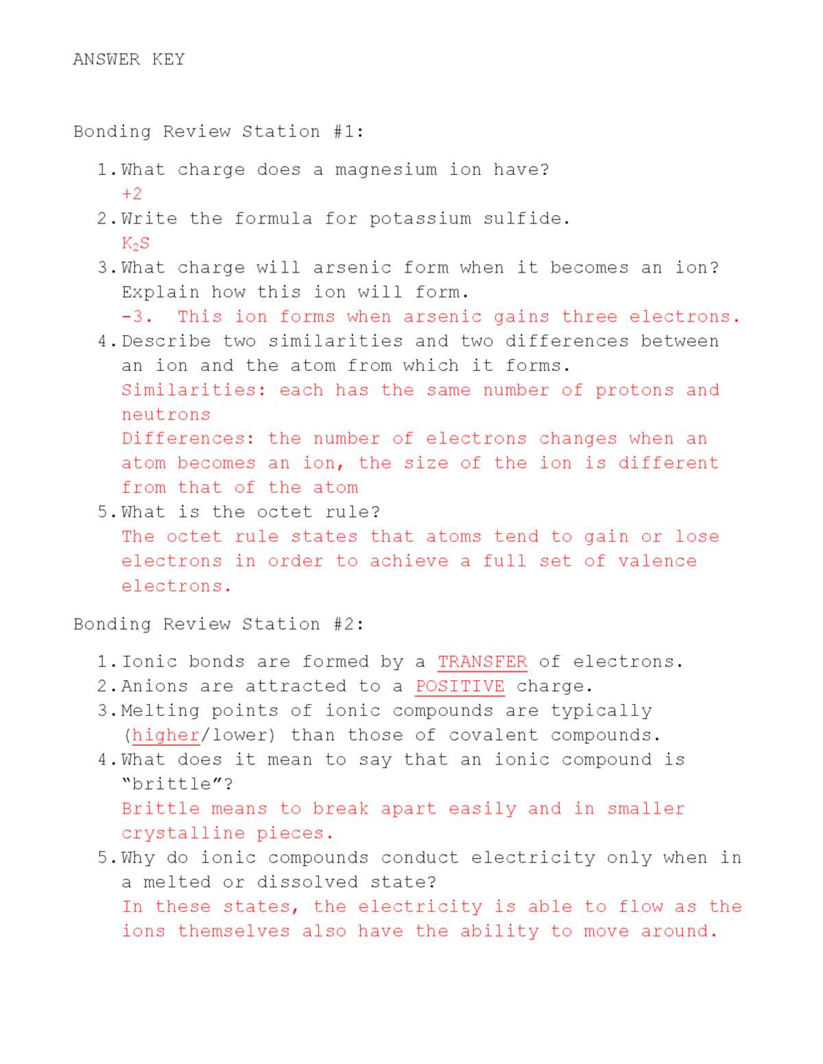 ionic bonds practice answer key