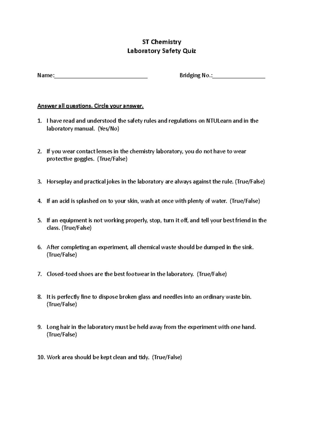 laboratory safety for chemistry students answer key