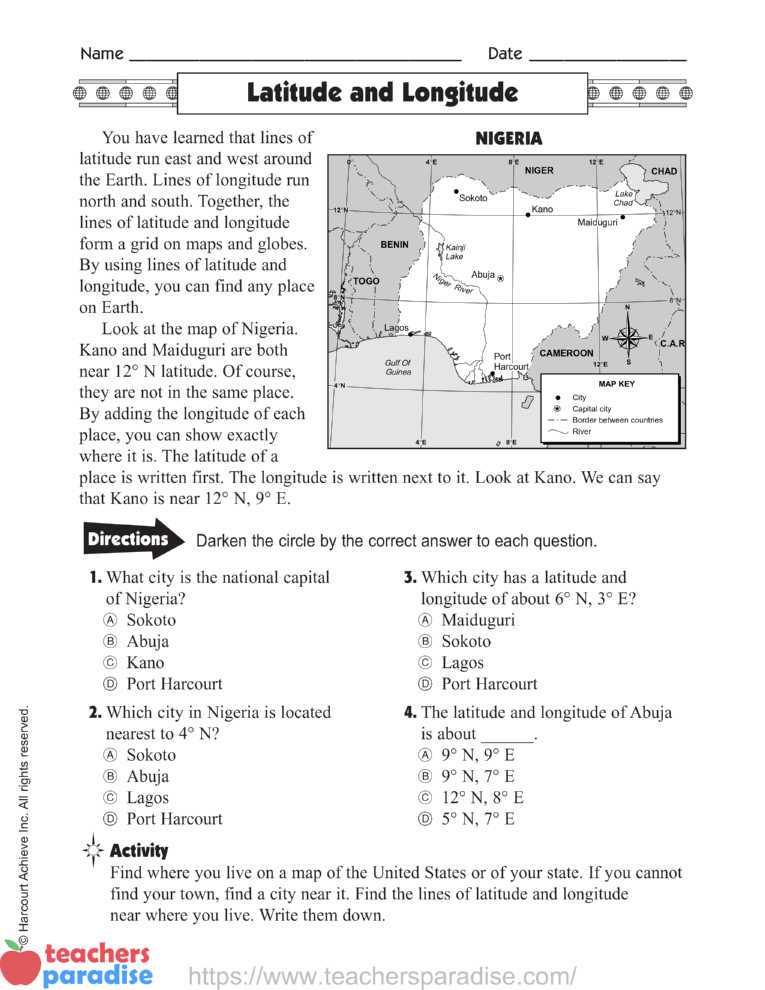 latitude and longitude lines worksheet & answer key