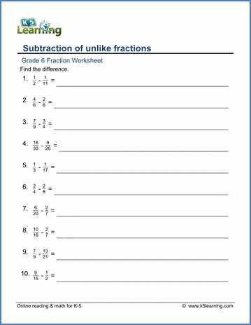 lesson 6.2 subtraction with unlike denominators answer key