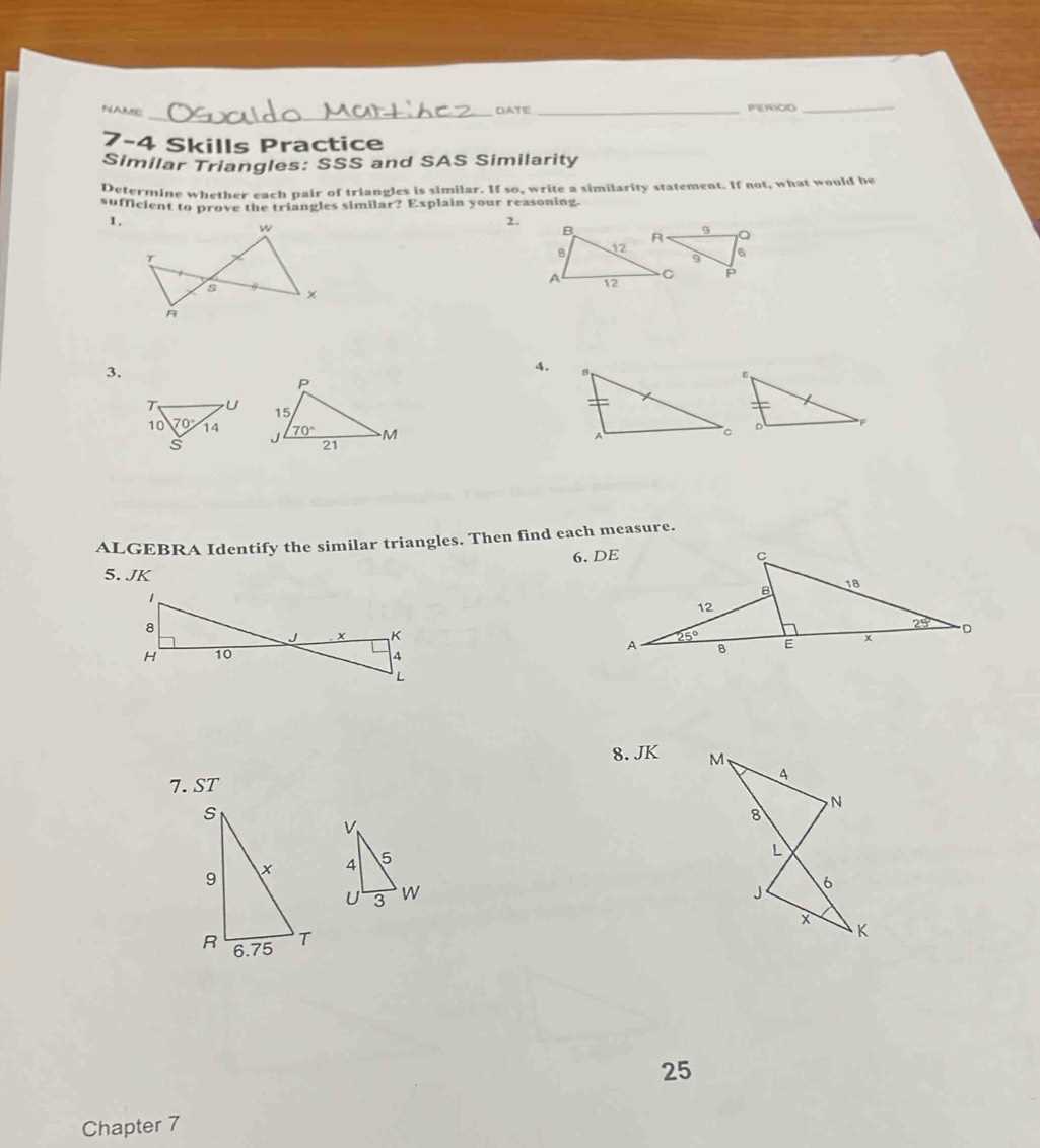 lesson 7 3 triangle similarity aa sss sas answer key