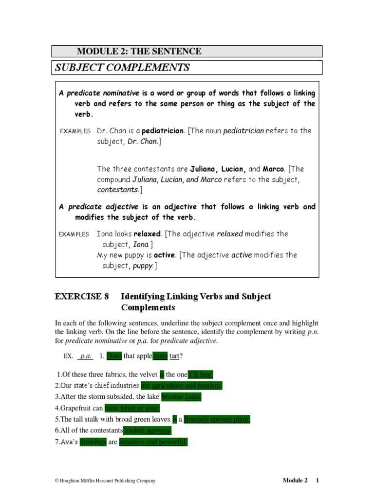 lesson 8 complement subject complement answer key
