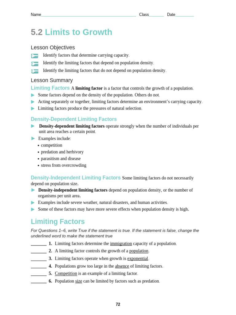 limiting factors and carrying capacity worksheet answer key