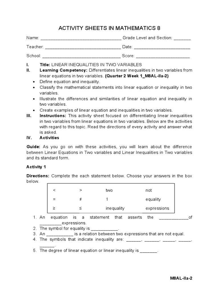 linear equations in two variables worksheets grade 8 answer key