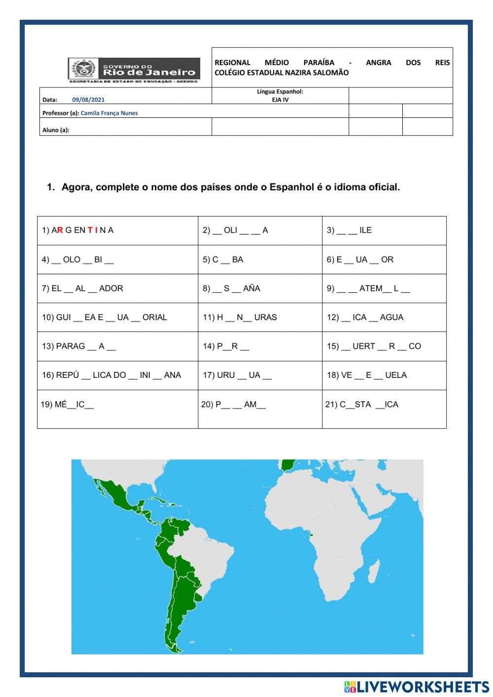los paises hispanohablantes worksheet answer key
