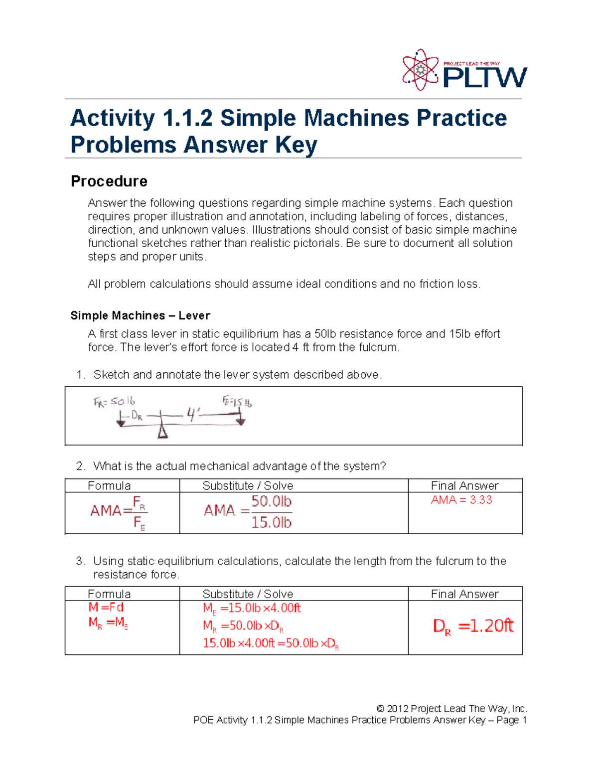 math skills mechanical advantage answer key
