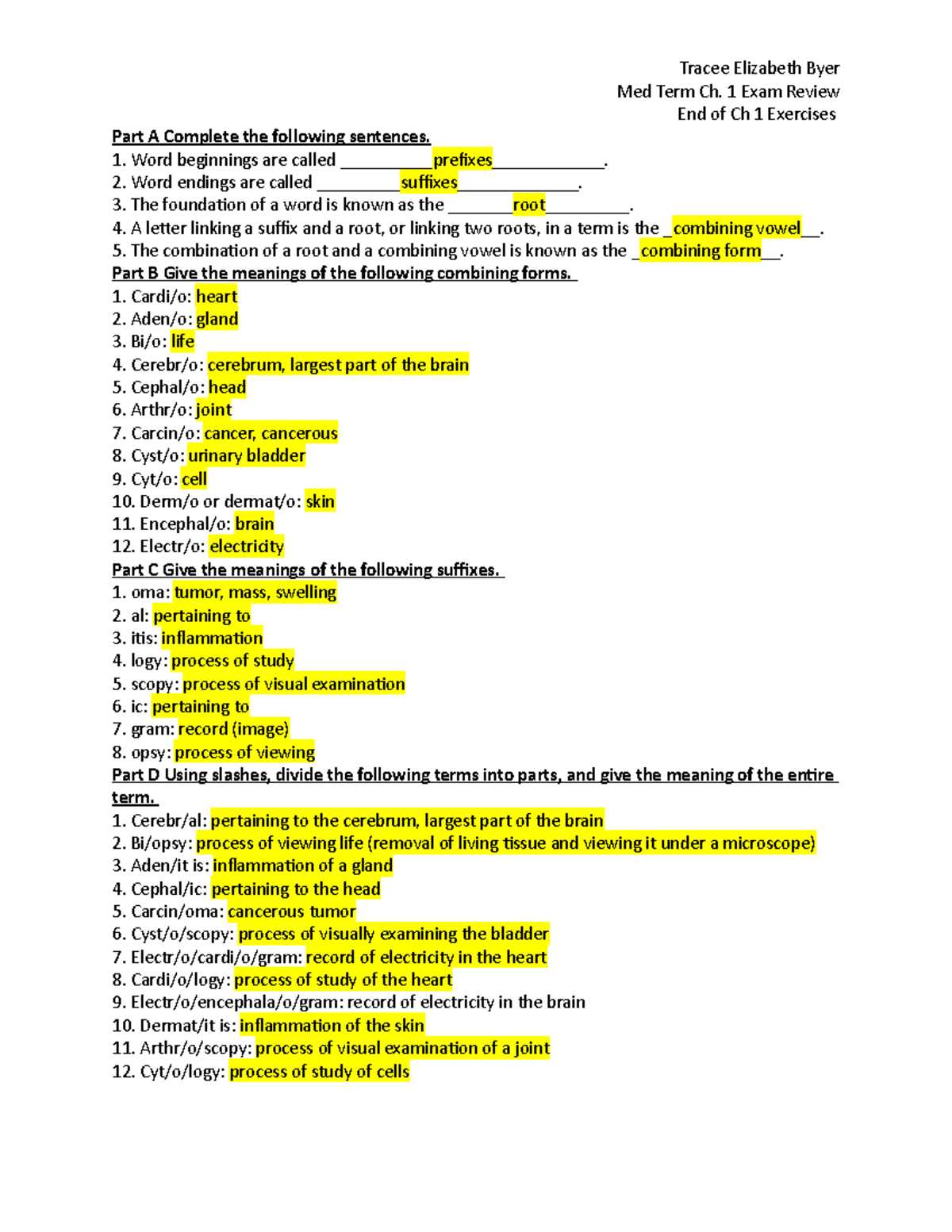 medical terminology review worksheet page 5 answer key