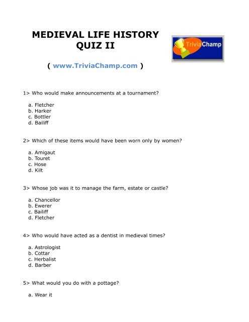 medieval life answer key