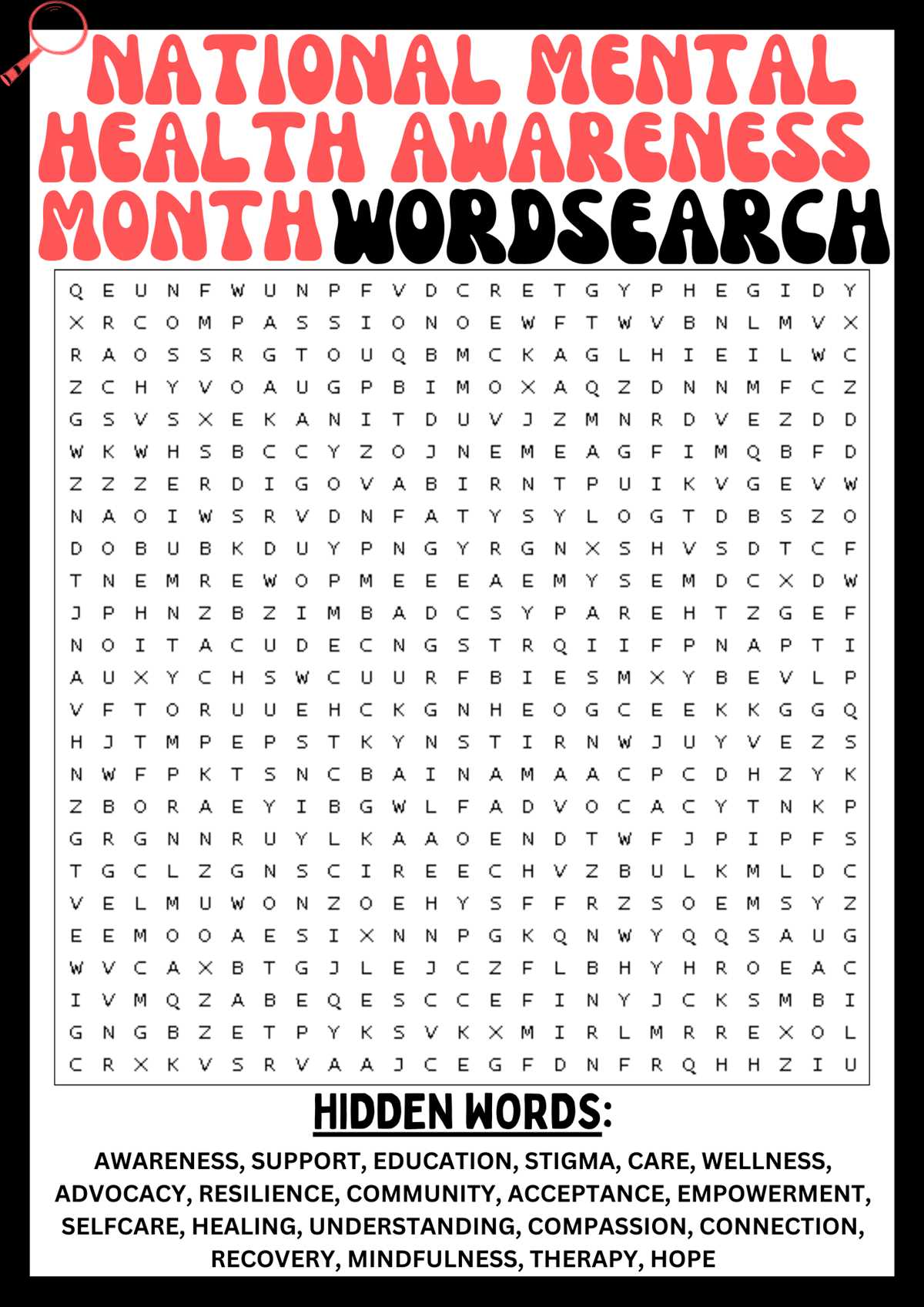 mental health word search answer key
