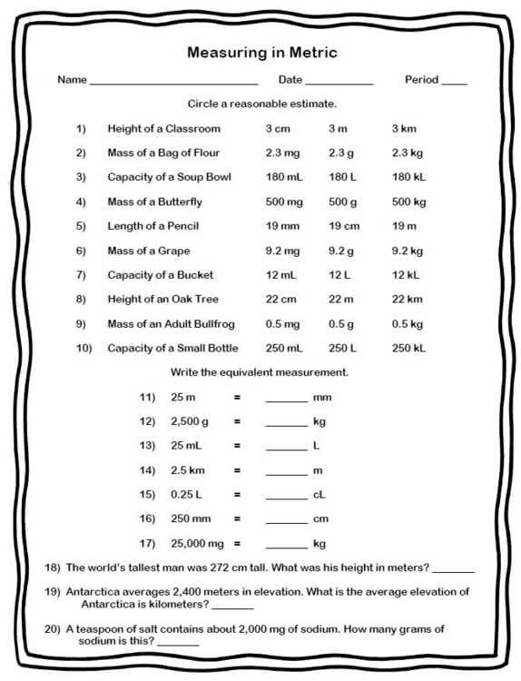 metrics and measurement worksheet answers key instructional fair inc