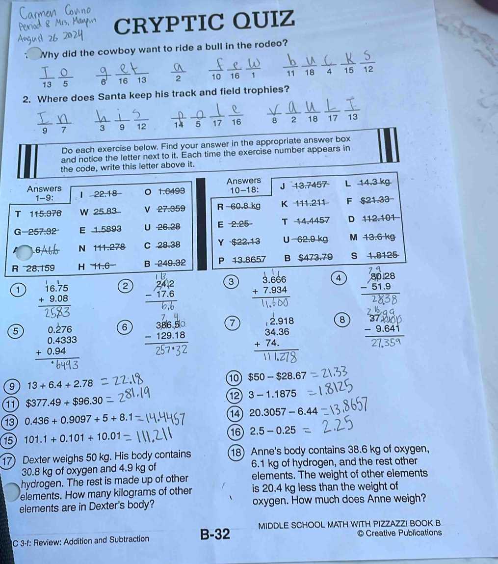 middle school math with pizzazz book b answer key b 26