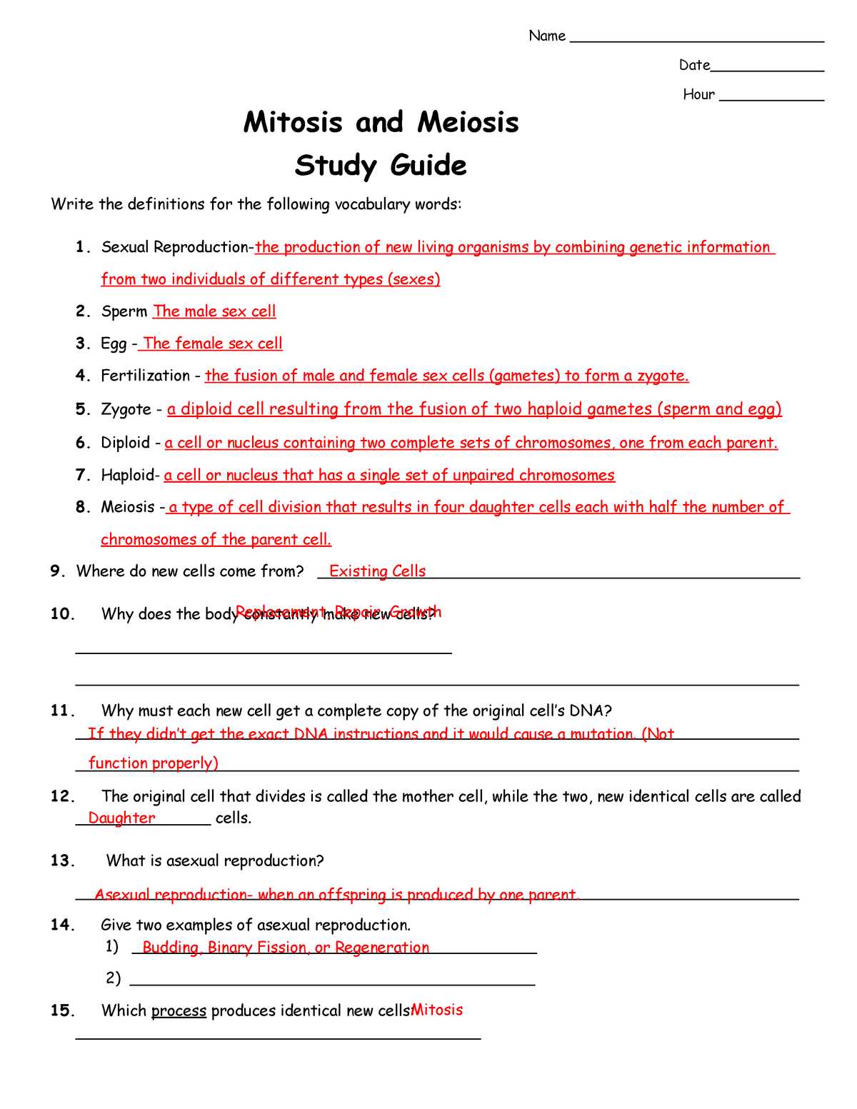 mitosis versus meiosis worksheet answer key