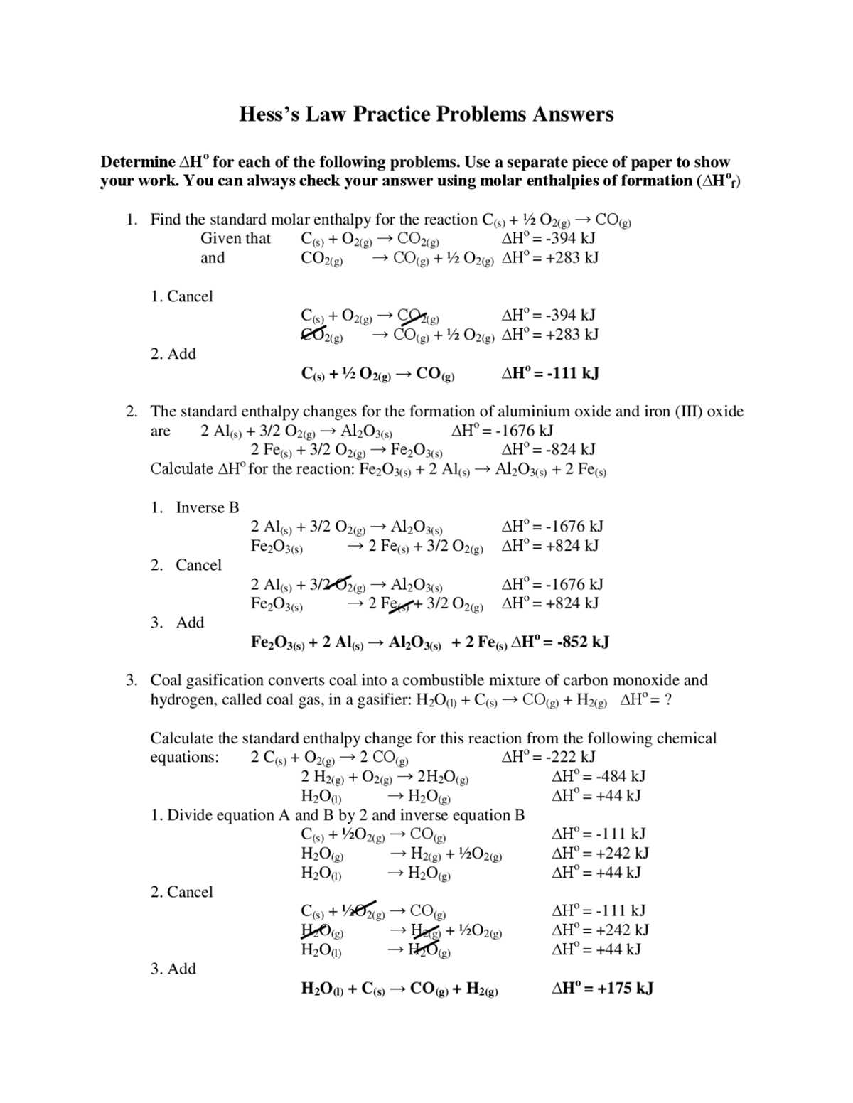 more practice problems using hesss law answer key