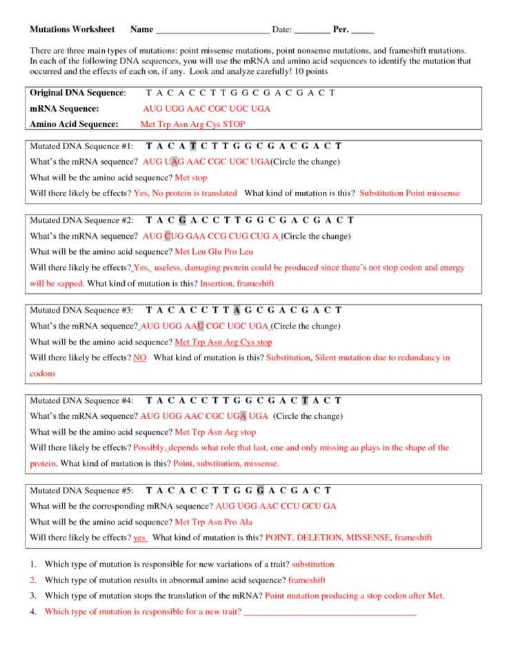 mutations worksheet answers key