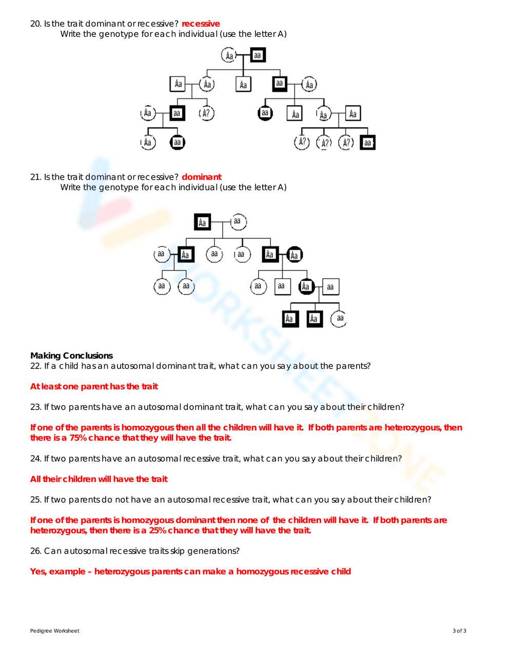 pedigree worksheet answer key