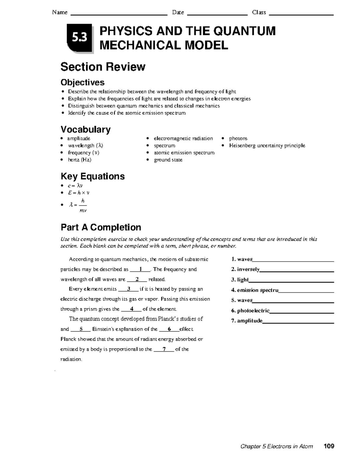 physics and the quantum mechanical model section review answer key