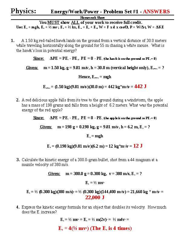 physics classroom work energy and power answer key