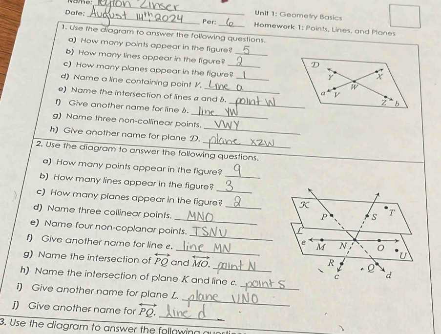 points lines and planes answer key