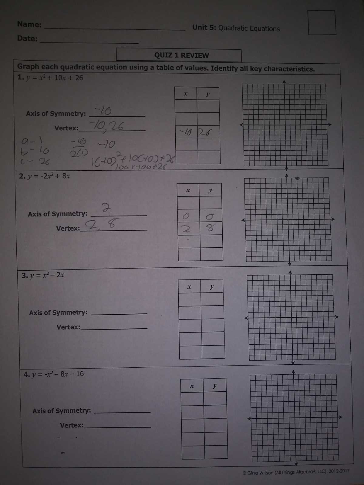 quadratic function review sheet answer key