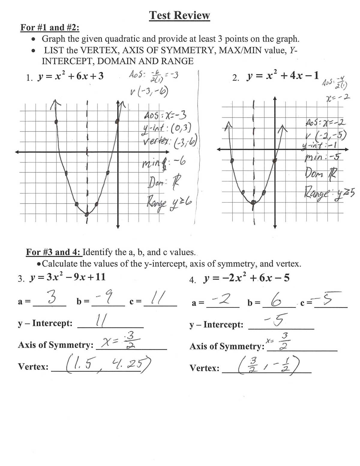 quadratic functions test review answer key