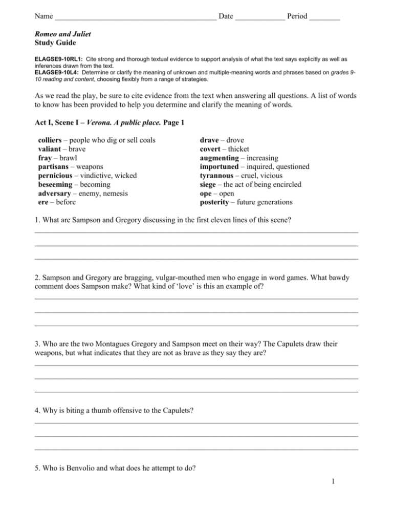 romeo and juliet packet answer key
